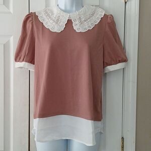 Lipslide brown white eyelet pearl collar  blouse casual preppy Sz M NWT